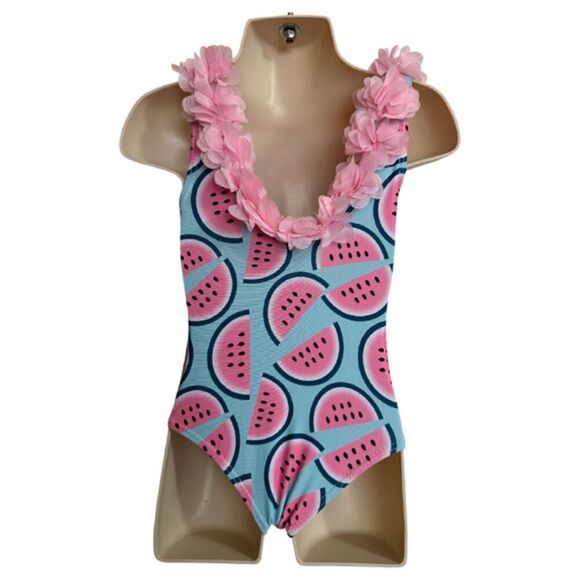 Watermelon and Ruffle Neckline Blue & Pink  Swimsuit Size 2T - Picture 4 of 8